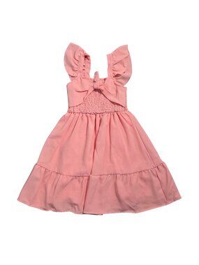 NWOT | Girl's Coral Pink Smocked Flutter Sleeve Tiered Ruffle Hem Dress | 6Y